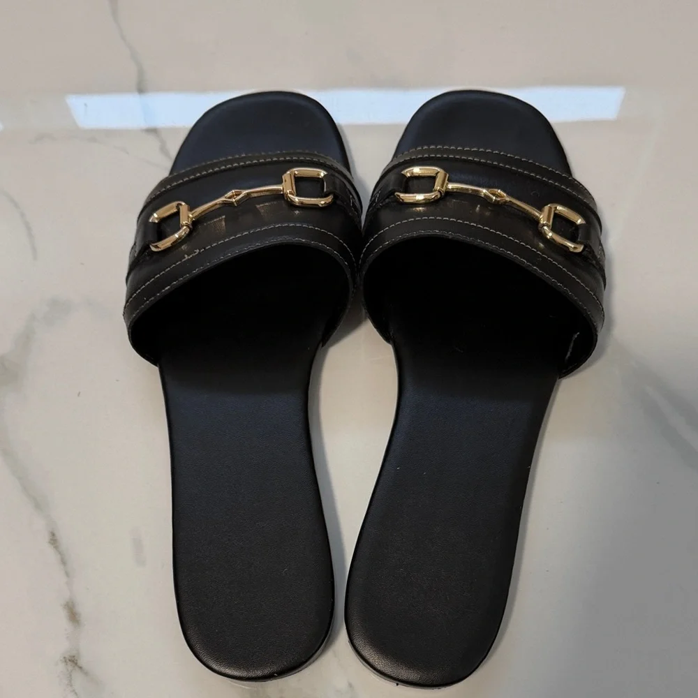 Mango Black Slide Sandals with Gold Horsebit Trim - Picture 6 of 8